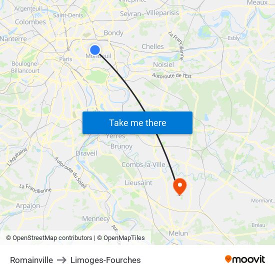 Romainville to Limoges-Fourches map
