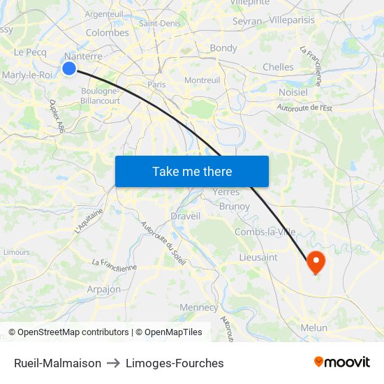 Rueil-Malmaison to Limoges-Fourches map