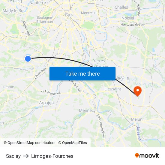 Saclay to Limoges-Fourches map