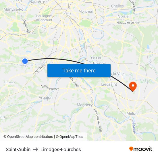 Saint-Aubin to Limoges-Fourches map
