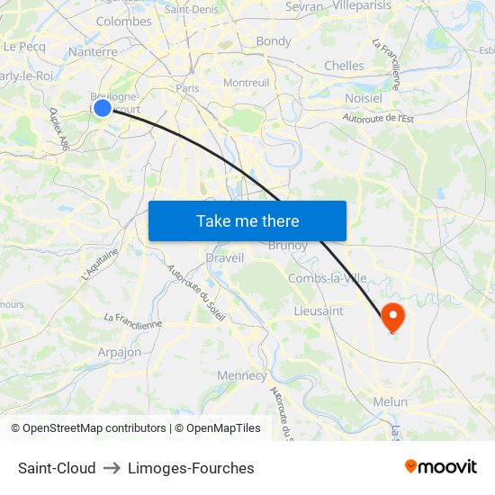 Saint-Cloud to Limoges-Fourches map