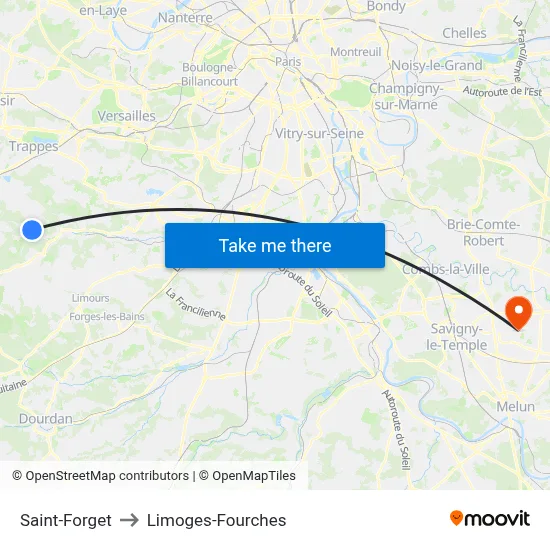 Saint-Forget to Limoges-Fourches map