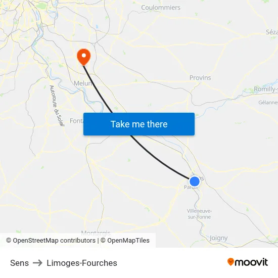 Sens to Limoges-Fourches map