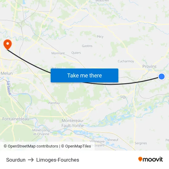 Sourdun to Limoges-Fourches map