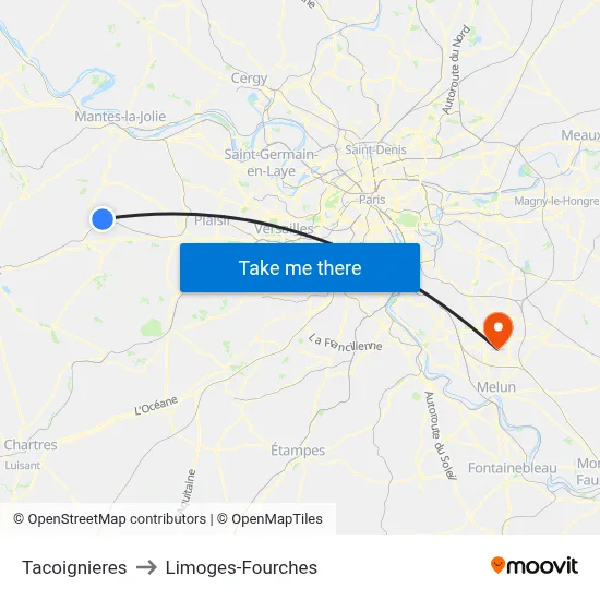 Tacoignieres to Limoges-Fourches map