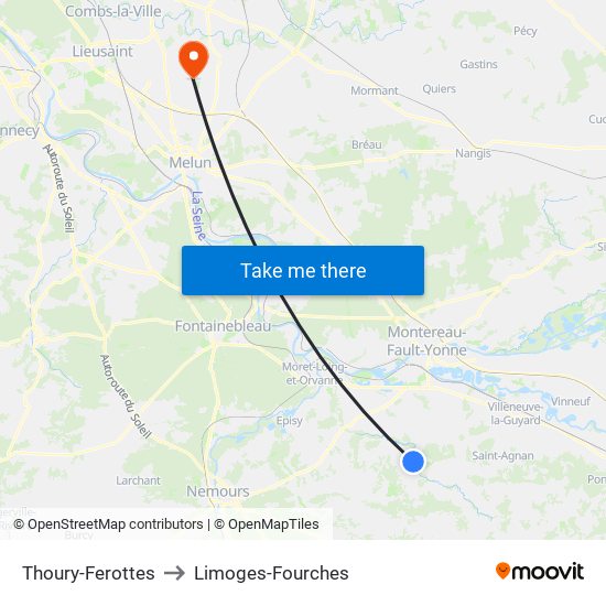 Thoury-Ferottes to Limoges-Fourches map
