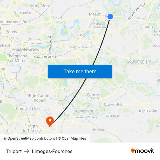 Trilport to Limoges-Fourches map