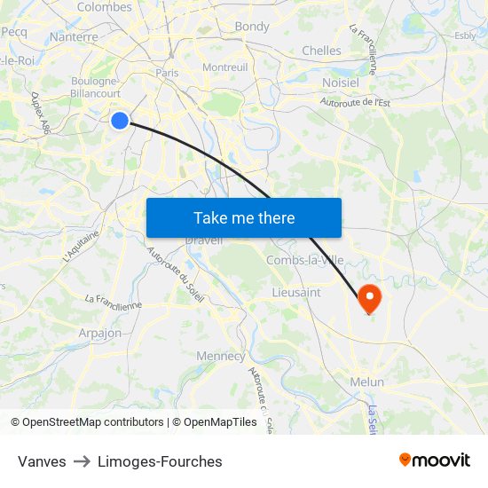 Vanves to Limoges-Fourches map