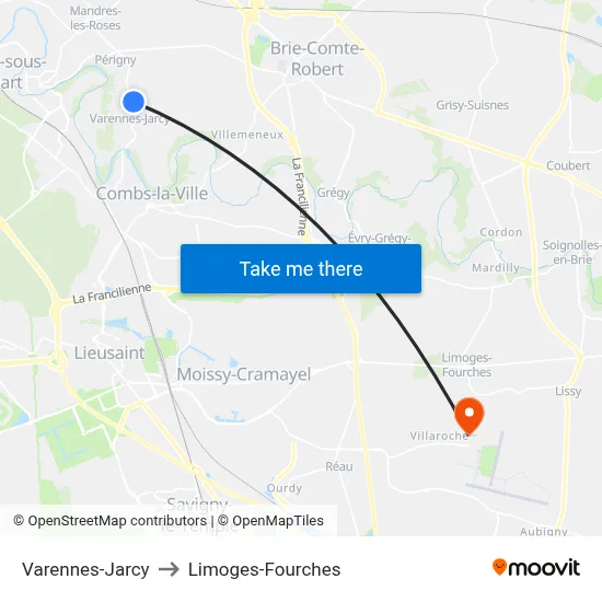 Varennes-Jarcy to Limoges-Fourches map