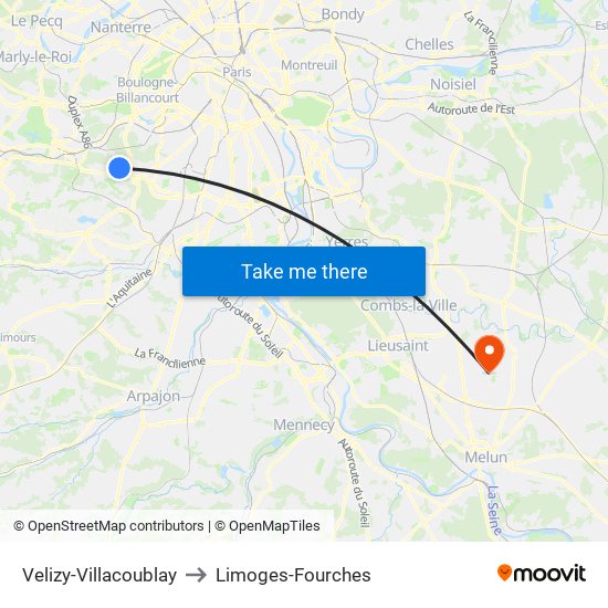 Velizy-Villacoublay to Limoges-Fourches map