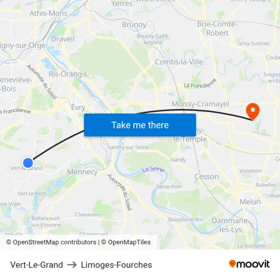 Vert-Le-Grand to Limoges-Fourches map