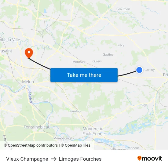 Vieux-Champagne to Limoges-Fourches map