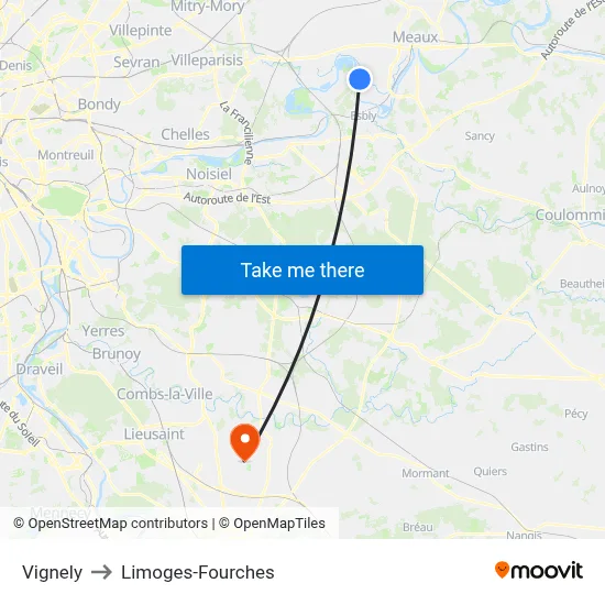 Vignely to Limoges-Fourches map
