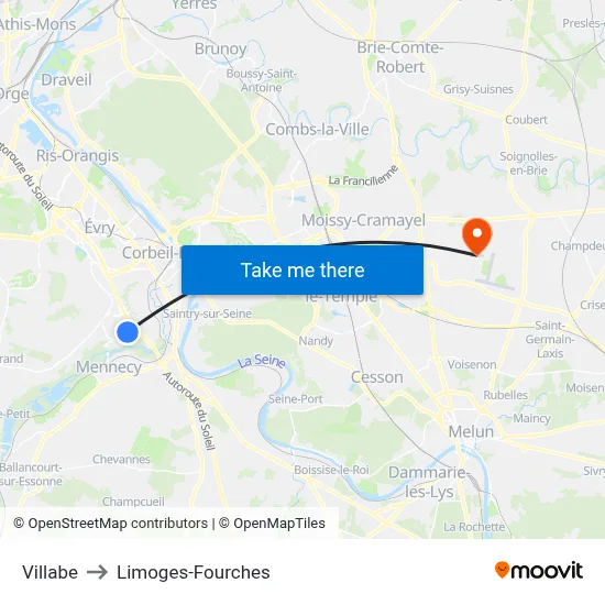 Villabe to Limoges-Fourches map