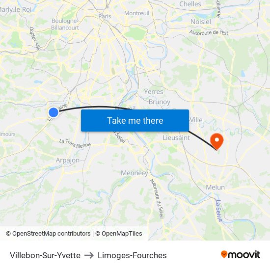 Villebon-Sur-Yvette to Limoges-Fourches map