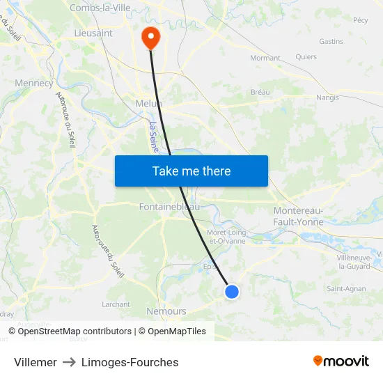 Villemer to Limoges-Fourches map