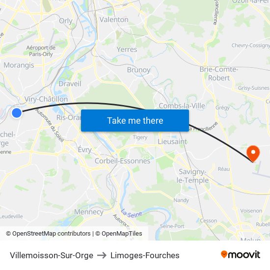 Villemoisson-Sur-Orge to Limoges-Fourches map