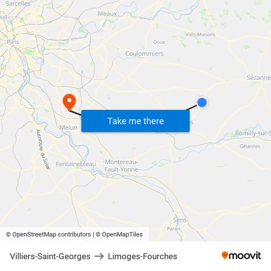 Villiers-Saint-Georges to Limoges-Fourches map