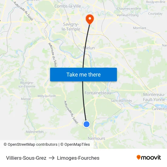 Villiers-Sous-Grez to Limoges-Fourches map