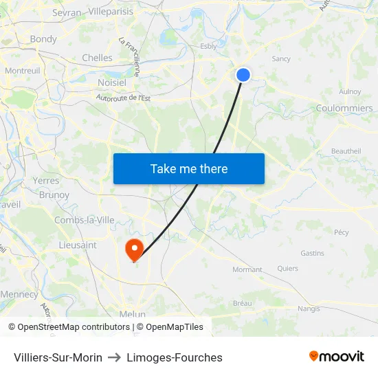Villiers-Sur-Morin to Limoges-Fourches map