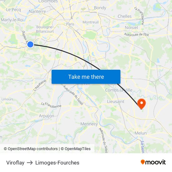 Viroflay to Limoges-Fourches map