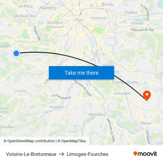 Voisins-Le-Bretonneux to Limoges-Fourches map
