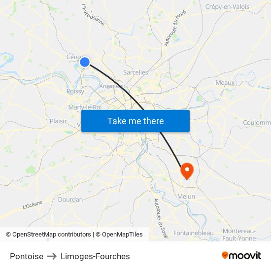 Pontoise to Limoges-Fourches map