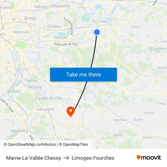 Marne-La-Vallée Chessy to Limoges-Fourches map