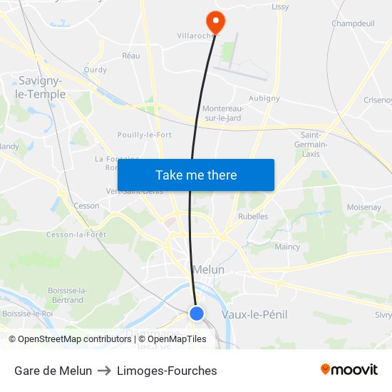 Gare de Melun to Limoges-Fourches map