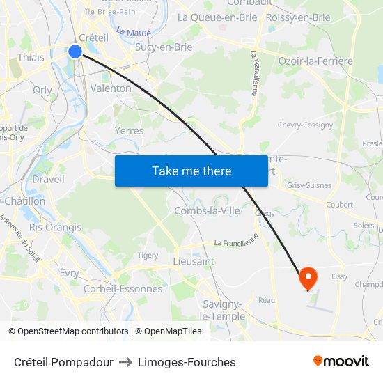 Créteil Pompadour to Limoges-Fourches map