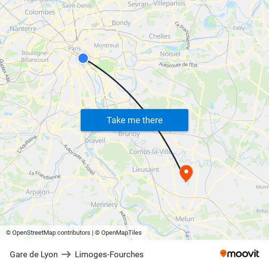 Gare de Lyon to Limoges-Fourches map