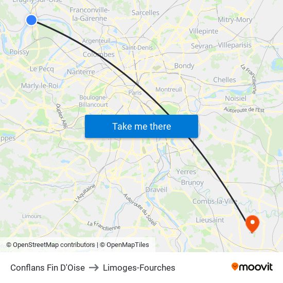 Conflans Fin D'Oise to Limoges-Fourches map