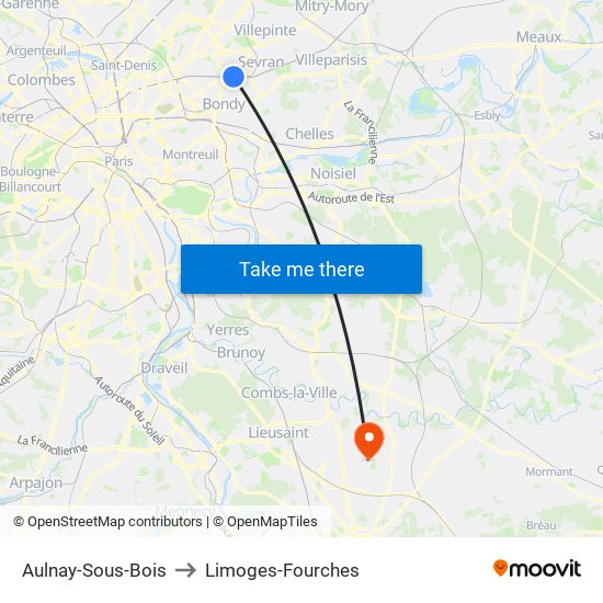 Aulnay-Sous-Bois to Limoges-Fourches map