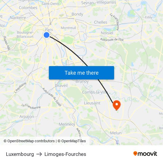 Luxembourg to Limoges-Fourches map