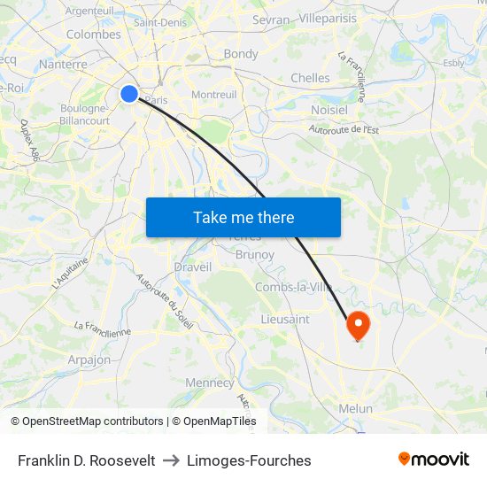 Franklin D. Roosevelt to Limoges-Fourches map