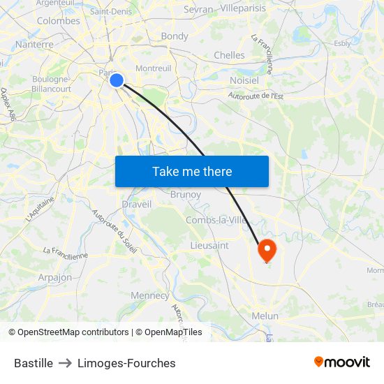 Bastille to Limoges-Fourches map