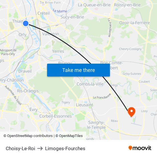Choisy-Le-Roi to Limoges-Fourches map