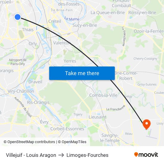 Villejuif - Louis Aragon to Limoges-Fourches map