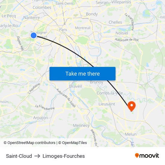 Saint-Cloud to Limoges-Fourches map