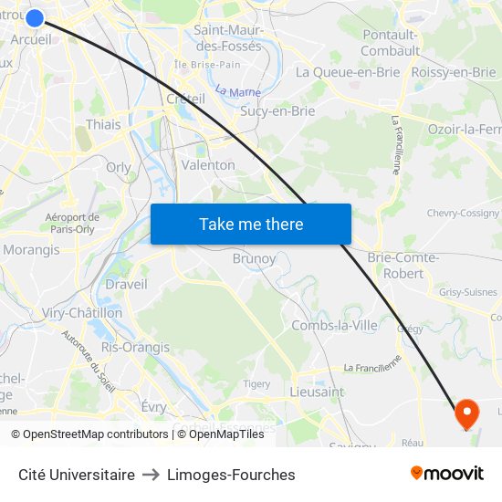 Cité Universitaire to Limoges-Fourches map