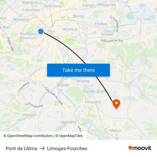Pont de L'Alma to Limoges-Fourches map