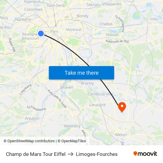 Champ de Mars Tour Eiffel to Limoges-Fourches map