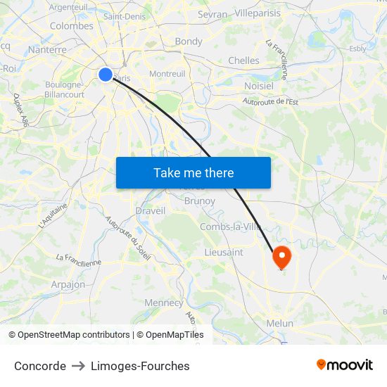 Concorde to Limoges-Fourches map