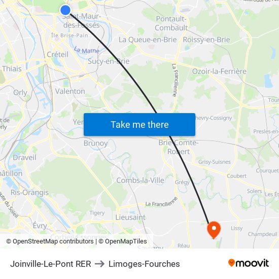 Joinville-Le-Pont RER to Limoges-Fourches map