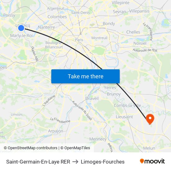 Saint-Germain-En-Laye RER to Limoges-Fourches map