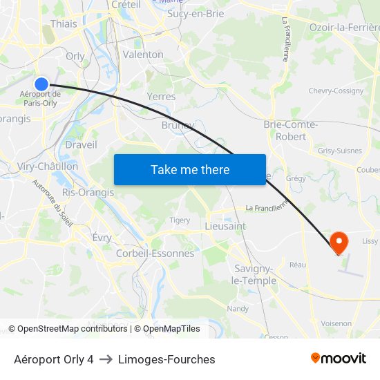 Aéroport Orly 4 to Limoges-Fourches map