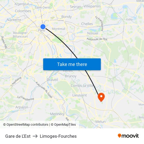 Gare de L'Est to Limoges-Fourches map