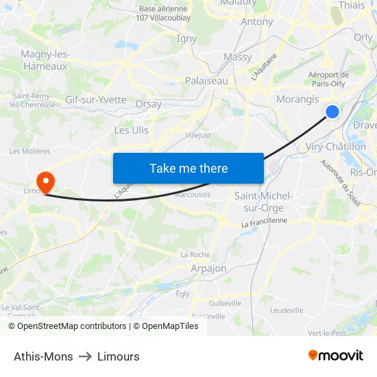 Athis-Mons to Limours map