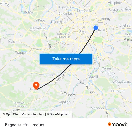 Bagnolet to Limours map