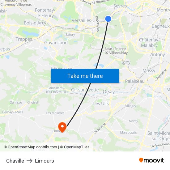 Chaville to Limours map